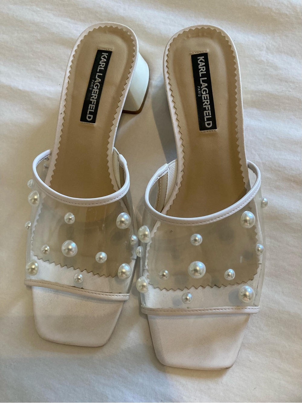 Karl Lagerfeld White Pearl-Embellished Clear Strap Mule Sandals